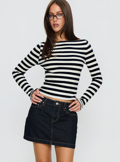   front view of model wearing Princess Polly Nickei Denim Mini Skirt Raw Dark Wash Mini Skirts 