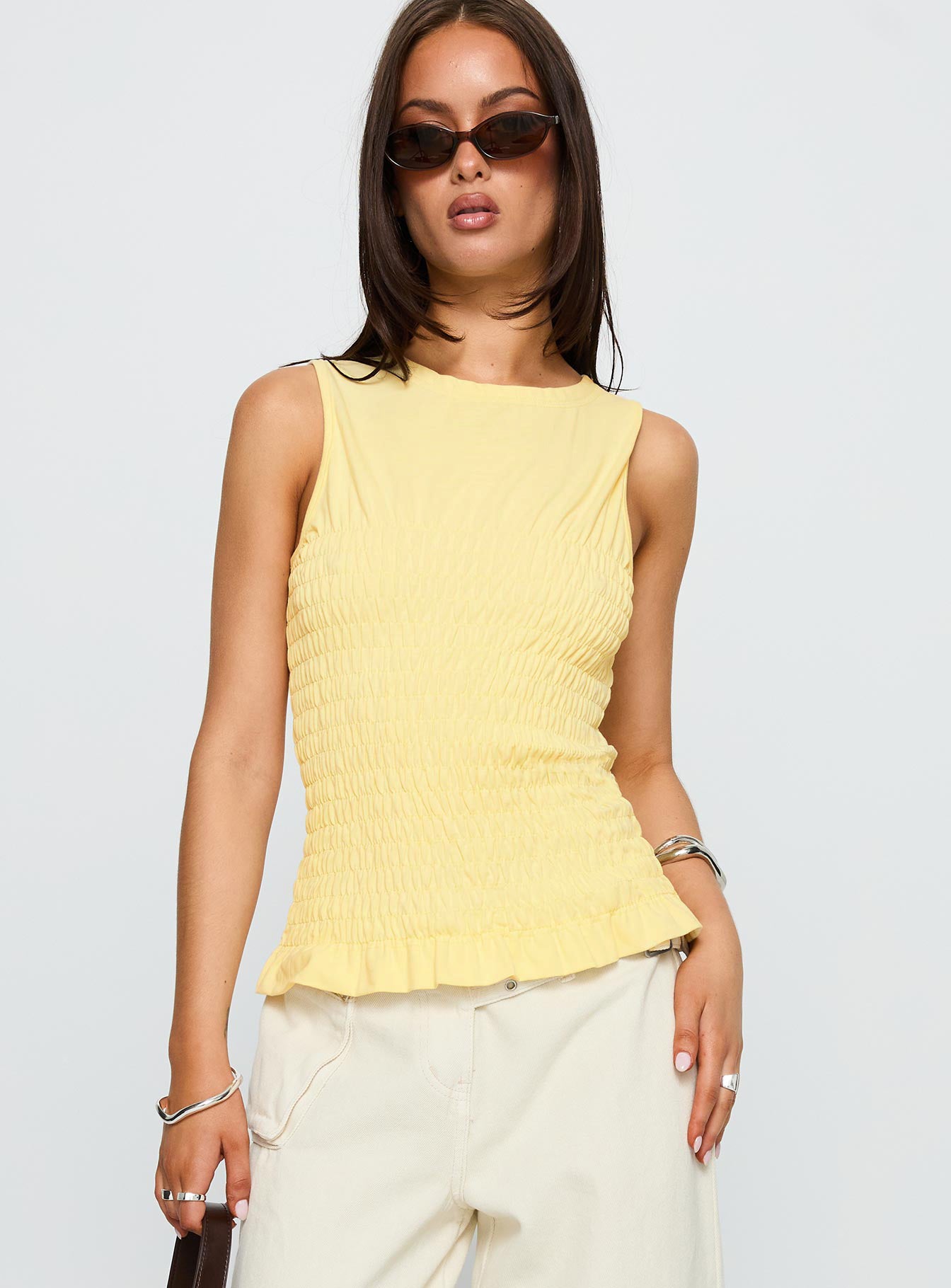 front view of model wearing Princess Polly Maybe Tomorrow Ruched Sleeveless Top Lemon Sleeveless Crew Neck 