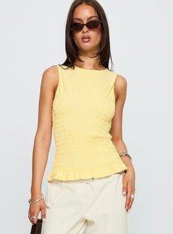 front view of model wearing Princess Polly Maybe Tomorrow Ruched Sleeveless Top Lemon Sleeveless Crew Neck 