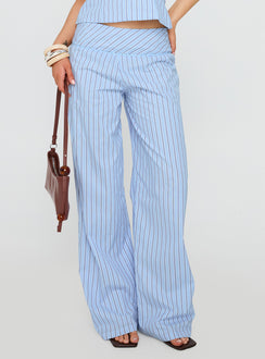 side view of model wearing Princess Polly Sofea Mid Rise Pant Blue Stripe High Waisted Pants 