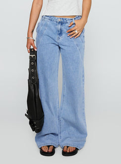 back view of model wearing Princess Polly Reaper Baggy Denim Jeans Light Blue Wash Mid Rise 