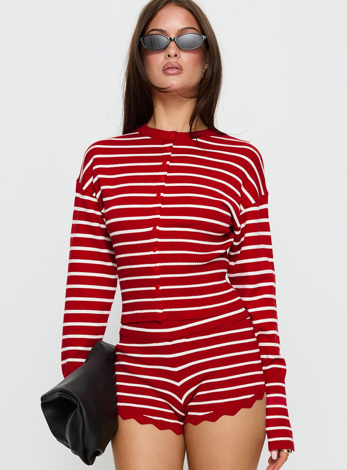 front view of model wearing Princess Polly Head In The Clouds Cardigan Crimson Stripe 