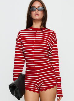 front view of model wearing Princess Polly Head In The Clouds Cardigan Crimson Stripe 