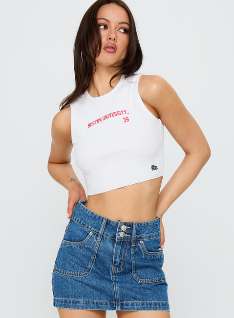front view of model wearing Princess Polly Boston University Cutoff Tank Top White Sleeveless Crew Neck 