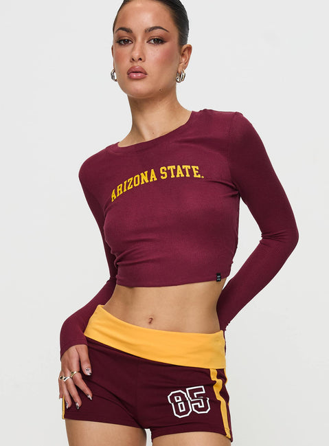front view of model wearing Princess Polly ASU Bring It Back Top Maroon Full Sleeves Crew Neck 