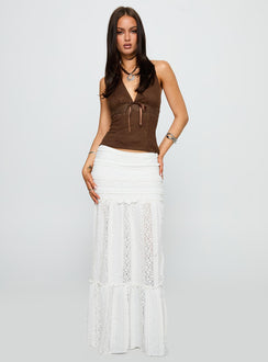   side view of model wearing Princess Polly Emanuella Lace Maxi Skirt White Maxi 