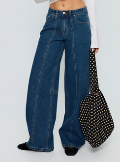 front view of model wearing Princess Polly Lando Low Rise Straight Leg Jeans Mid Blue Wash Mid Rise Jeans 