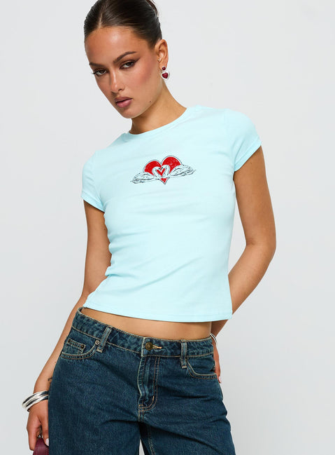 side view of model wearing Princess Polly Sweet Swans Baby Tee Blue Short Sleeves Crew Neck 