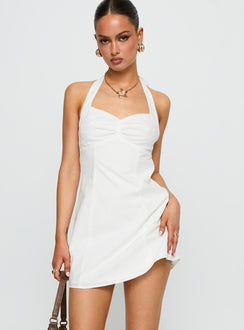 front view of model wearing Princess Polly Journey On Halter Mini Dress White Sweetheart Neckline 