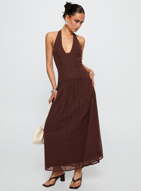 front view of model wearing Princess Polly Chestnut Drop Waist Maxi Dress Brown Plunger 