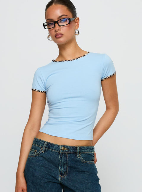 front view of model wearing Princess Polly Torissa Top Blue Short Sleeves Crew Neck 