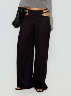 side view of model wearing Princess Polly Venicia Belt Detail Suiting Pant Black Pinstripe Mid Rise Pants 