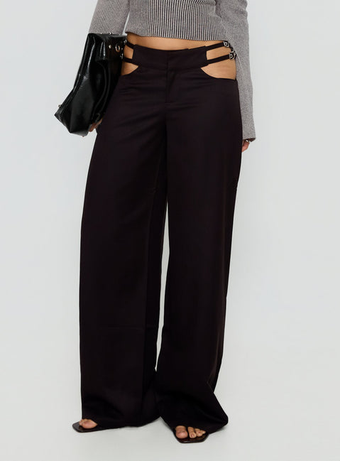 side view of model wearing Princess Polly Venicia Belt Detail Suiting Pant Black Pinstripe Mid Rise Pants 