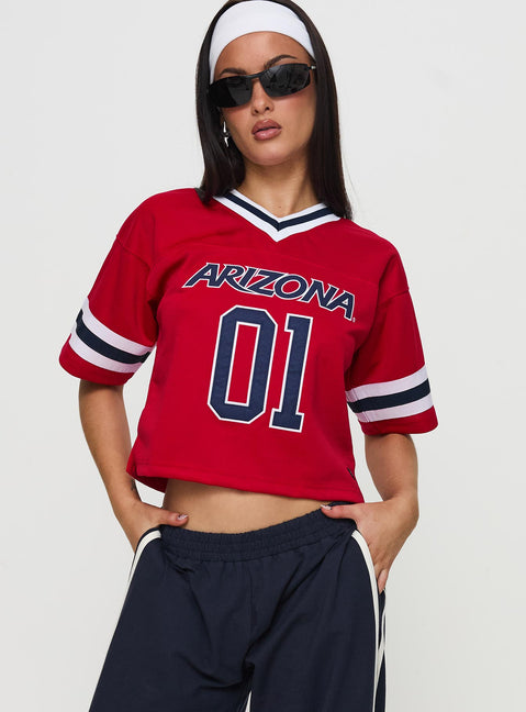 front view of model wearing Princess Polly U of A Football Jersey Red Half Sleeves V-Neck 