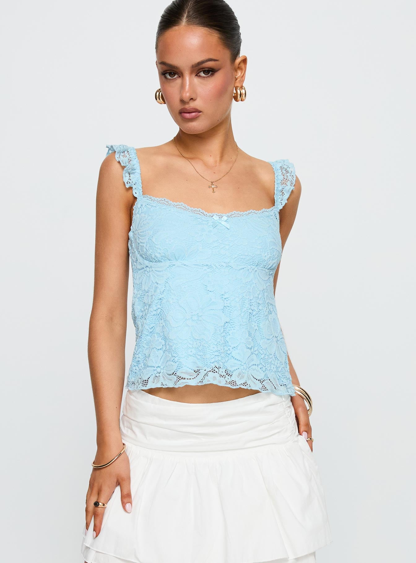 front view of model wearing Princess Polly Madaleine Lace Top Blue Sleeveless Scoop Neck 