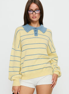 front view of model wearing Princess Polly Minda Collared Knit Sweater Yellow Stripe 