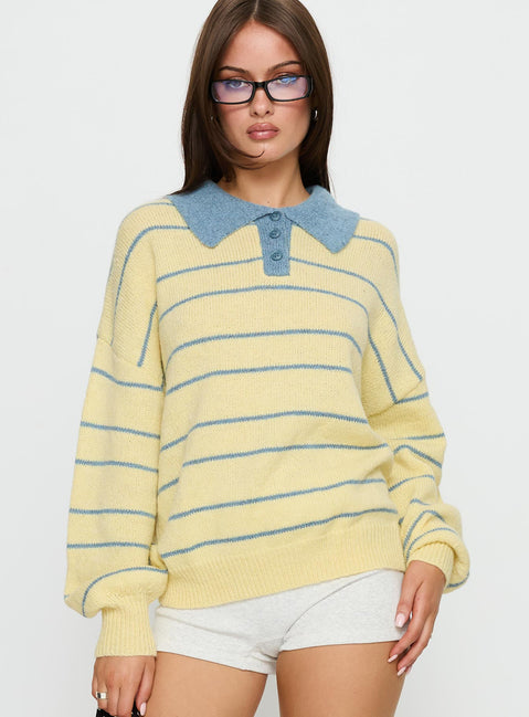 front view of model wearing Princess Polly Minda Collared Knit Sweater Yellow Stripe 