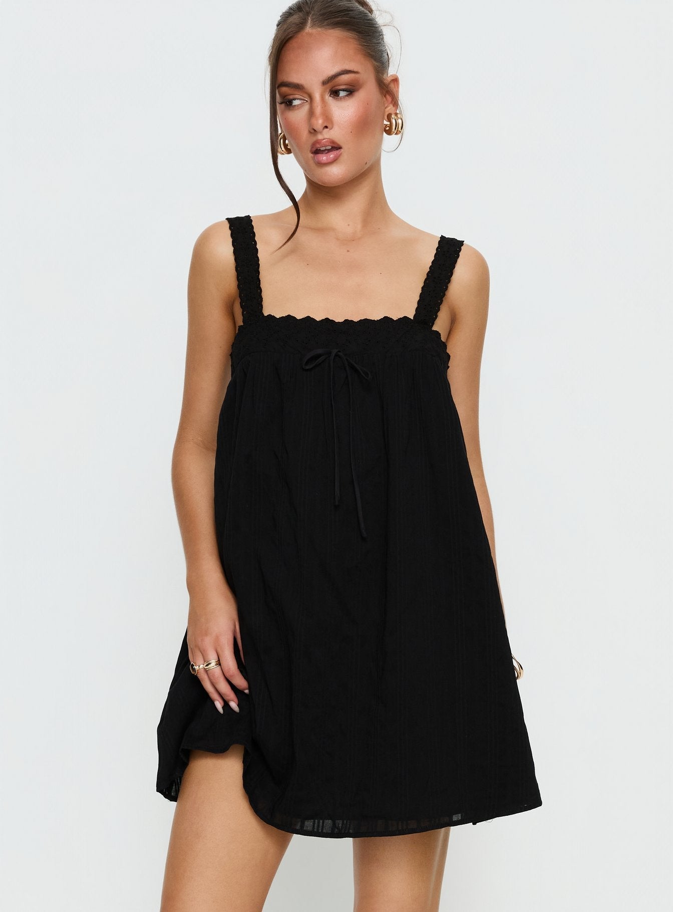 Reason To Stay Lace Trim Floaty Mini Dress Black | Princess Polly