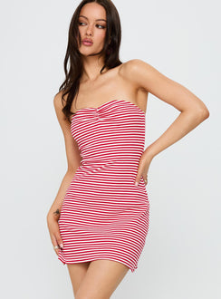 side view of model wearing Princess Polly Immy Strapless Rib Mini Dress Red Stripe Sweetheart Neckline 