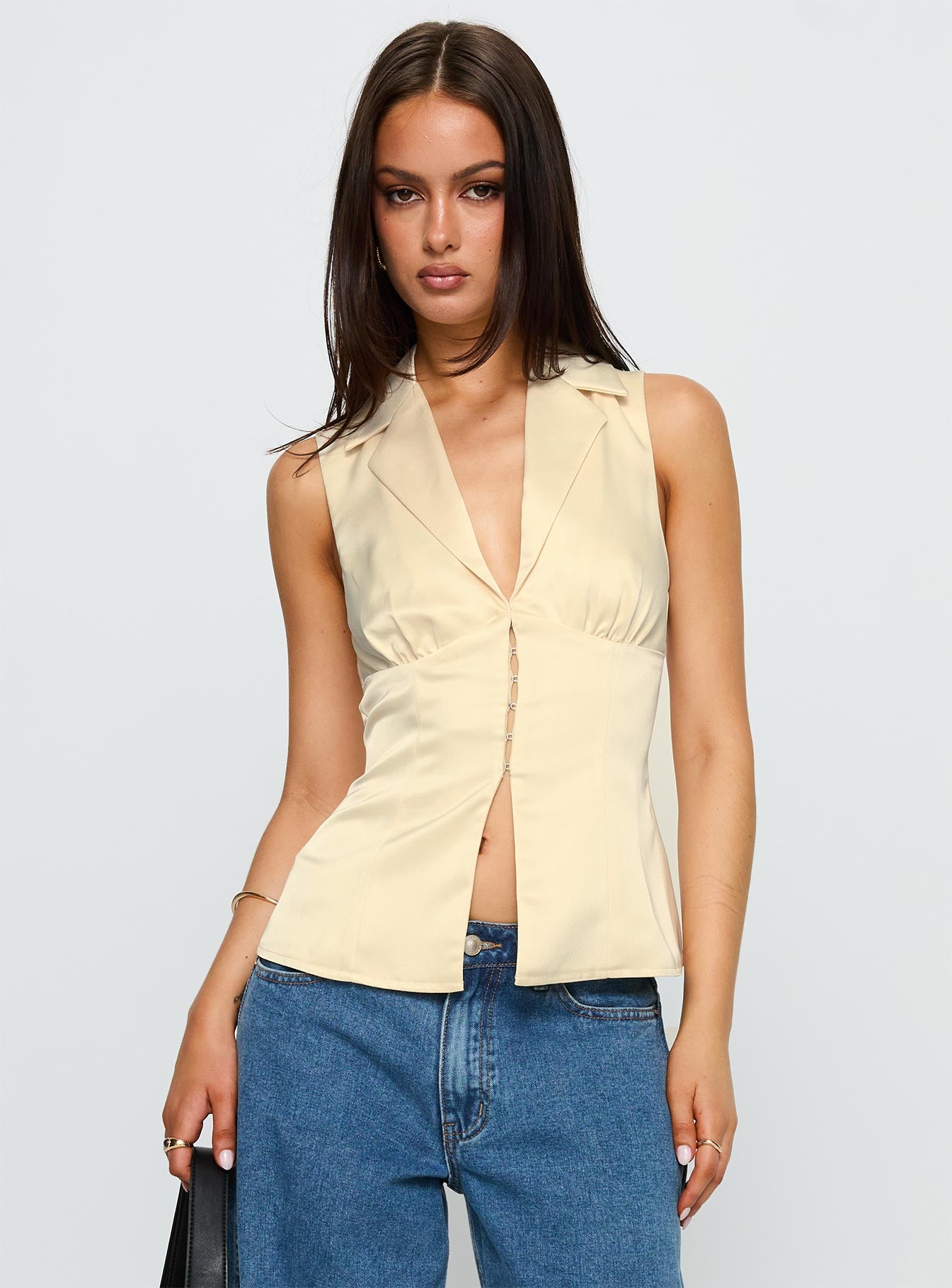 front view of model wearing Princess Polly My Truth Satin Top Cream Sleeveless Plunger 