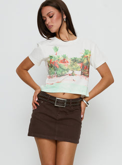 back view of model wearing Princess Polly Nickei Denim Mini Skirt Chocolate Mini Skirts 