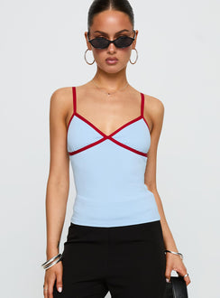front view of model wearing Princess Polly Tiera Top Blue / Red Sleeveless V-Neck 