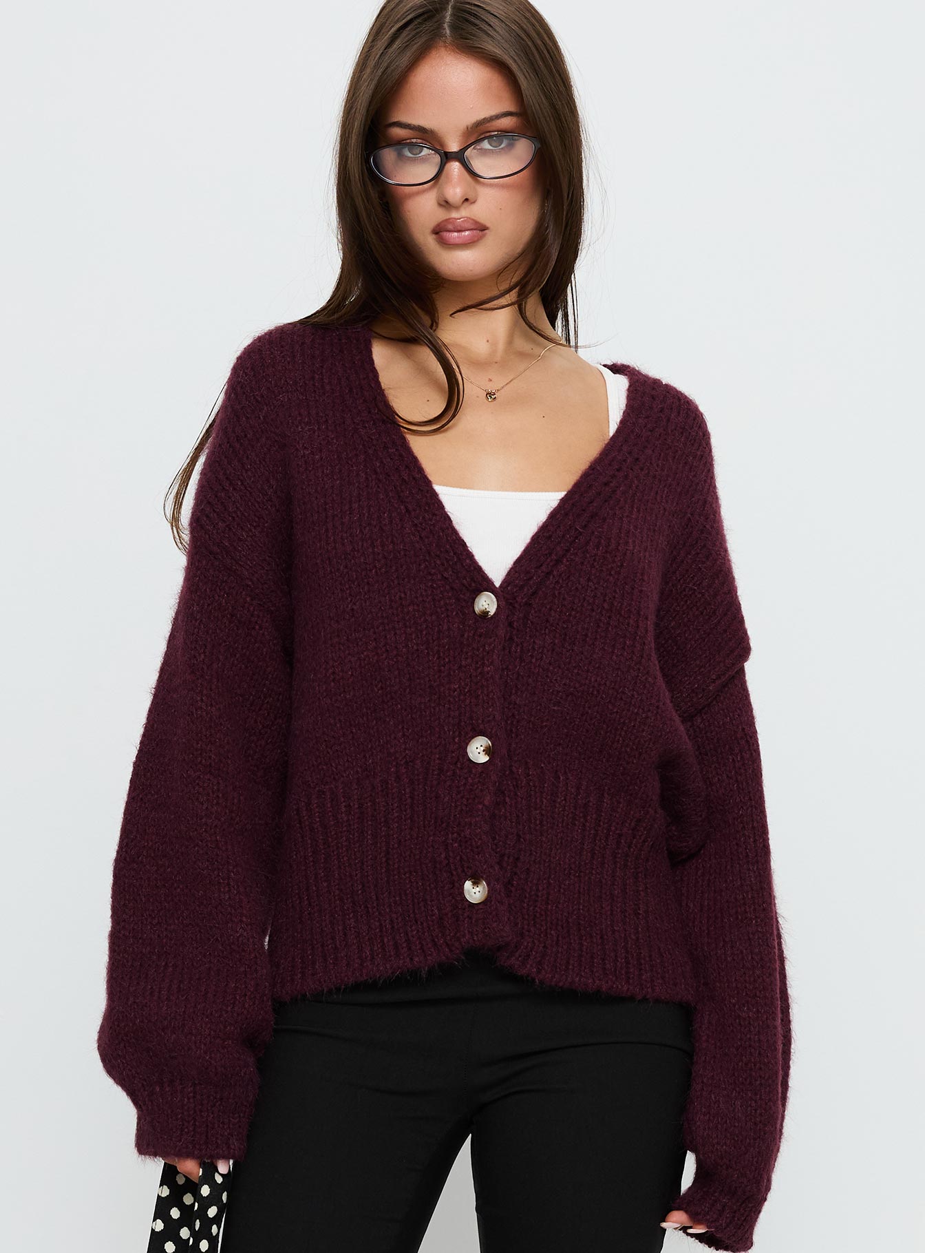 front view of model wearing Princess Polly Yasmyn Knit Cardigan Burgundy 