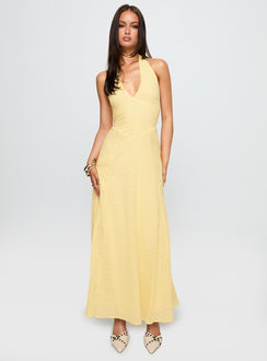 front view of model wearing Princess Polly Summer State Halter Maxi Dress Yellow Plunger 