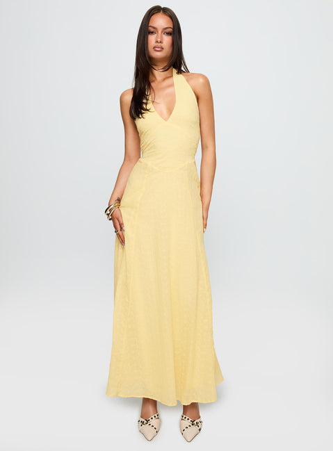 front view of model wearing Princess Polly Summer State Halter Maxi Dress Yellow Plunger 