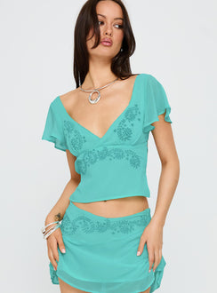 Pappilion Embroidered Top Aqua