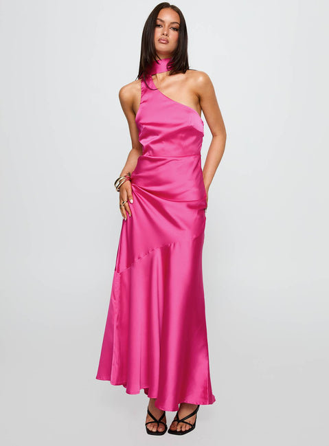 front view of model wearing Princess Polly Elixaire Scarf Maxi Dress Pink Asymmetric Neckline 