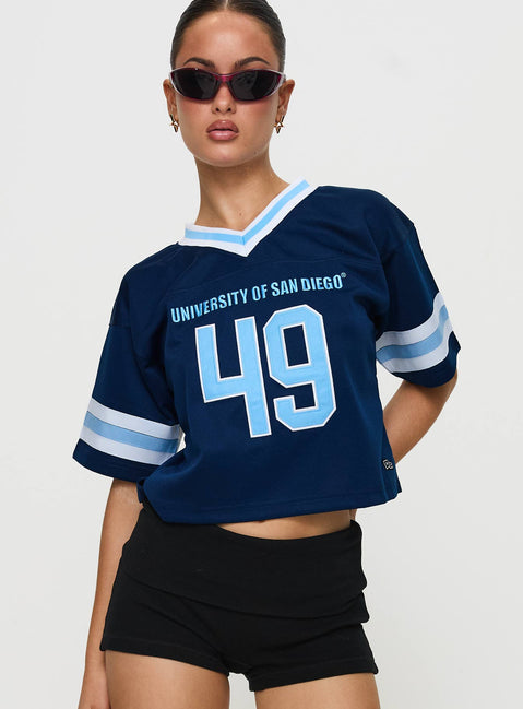 front view of model wearing Princess Polly USD Football Jersey Navy Half Sleeves V-Neck 