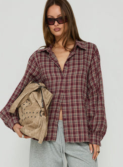 Caydence Long Sleeve Button Down Flannel Top Burgundy Check