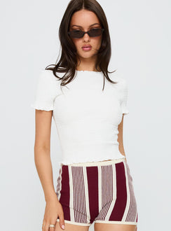 back view of model wearing Princess Polly Palm Reader Shirred Top White Short Sleeves Crew Neck 