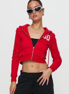 front view of model wearing Princess Polly BU MIA Zip Sweater Red cropped 