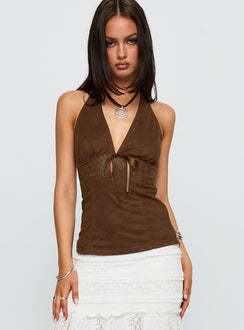front view of model wearing Princess Polly Dance For You Faux Suede Halter Top Brown Sleeveless V-Neck 