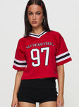 front view of model wearing Princess Polly SDSU Football Jersey Red Half Sleeves V-Neck 