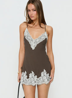 Call My Lover Spitzen-Slip-Minikleid Braun / Creme