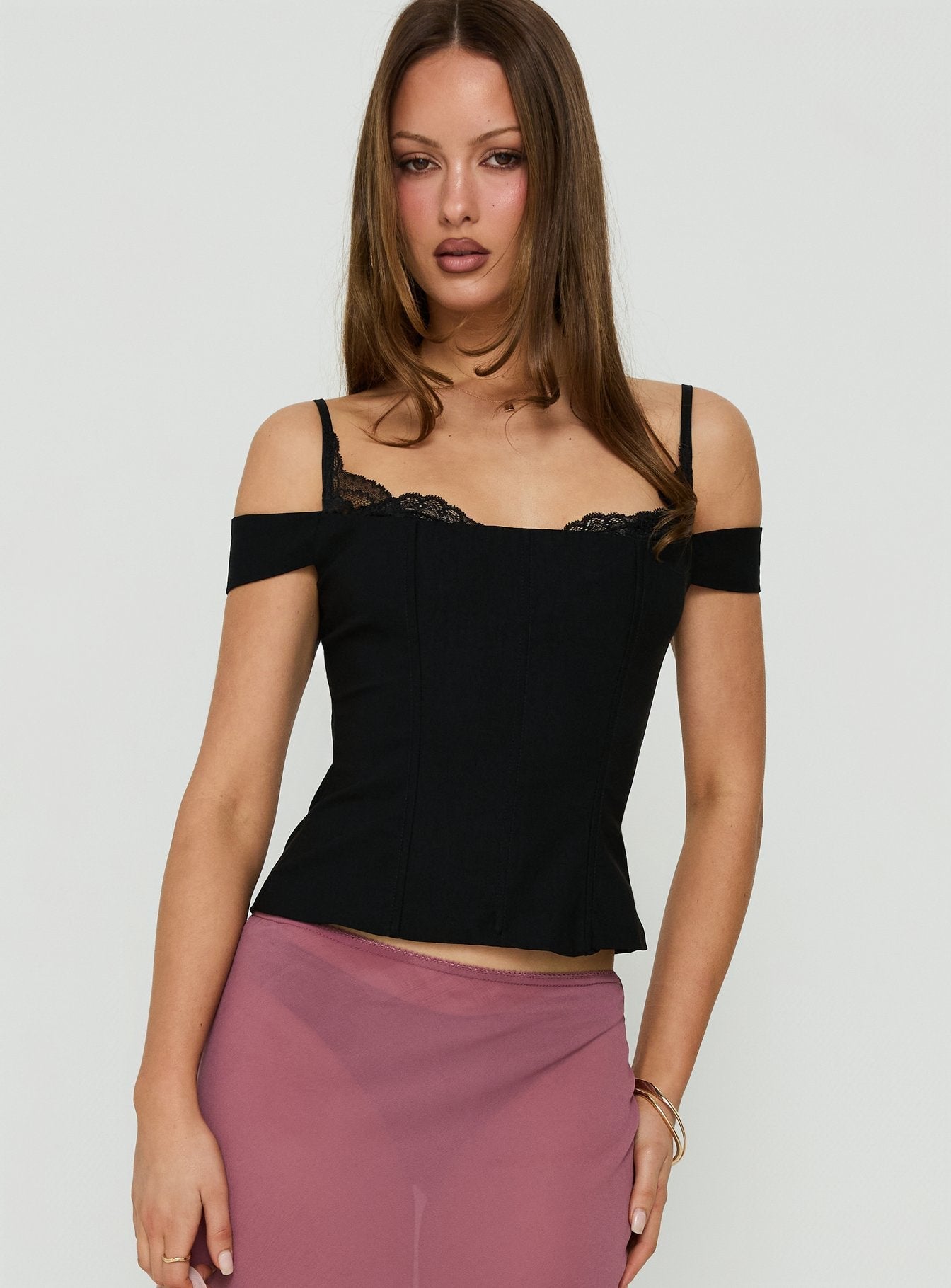 Anikka Off-Shoulder Korsett-Top mit Spitze Schwarz