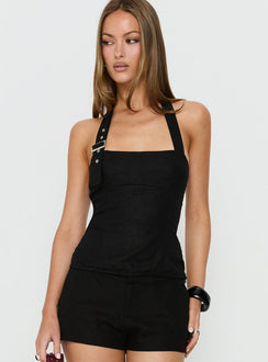 Hotshot Panelled Linen Blend Buckle Top Black