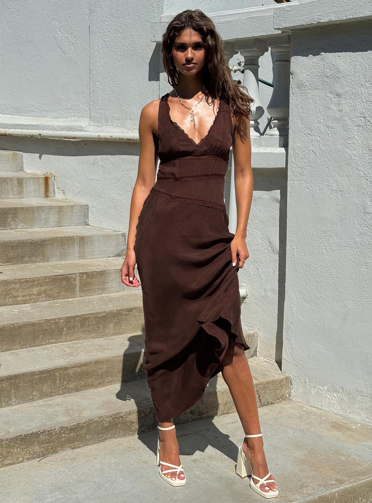 Karlotta Lace Bias Maxi Dress Brown Plunger 