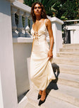 side view of model wearing Princess Polly Aphrodyte Lace Maxi Dress Cream Plunger 