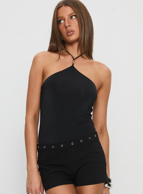 front view of model wearing Princess Polly Sessily Hardware Detail Bodysuit Black Sleeveless 