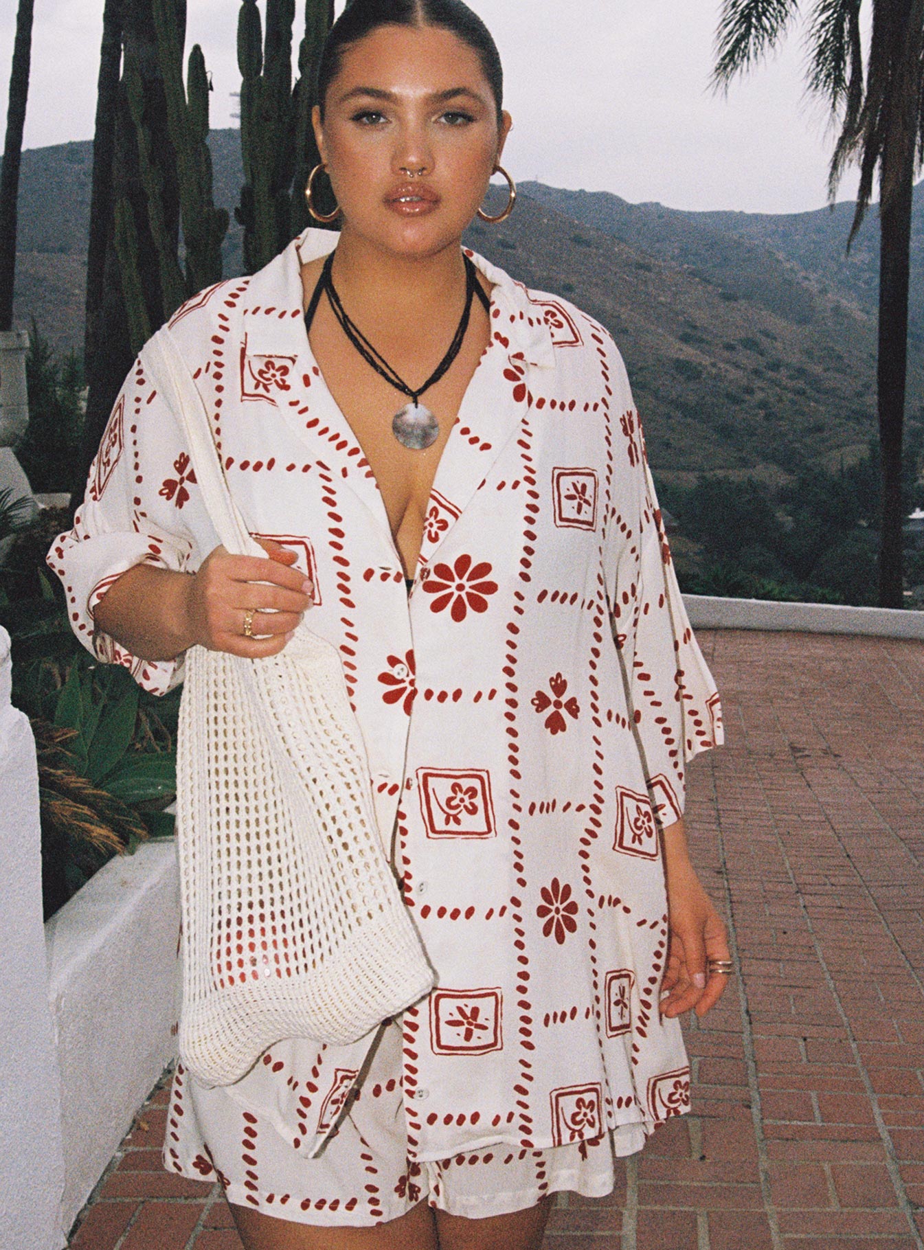 Matching set Graphic print, relaxed fit, classic collar, button fastening, elasticated waist