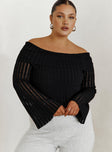 Off-the-shoulder top Sheer knit material - delicate wear with care, folded neckline, flared sleeves, inner silicone strip at bust