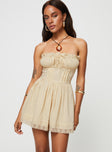 Strapless playsuit  Lace details, ruffle neckline, adjustable tie at neckline, shirred back, twin hip pockets 