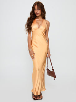 front view of model wearing Princess Polly Good For You Halter Maxi Dress Orange Plunger 