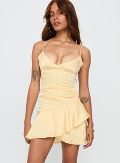 front view of model wearing Princess Polly Sunset Haze Asymmetrical Mini Dress Lemon Plunger 