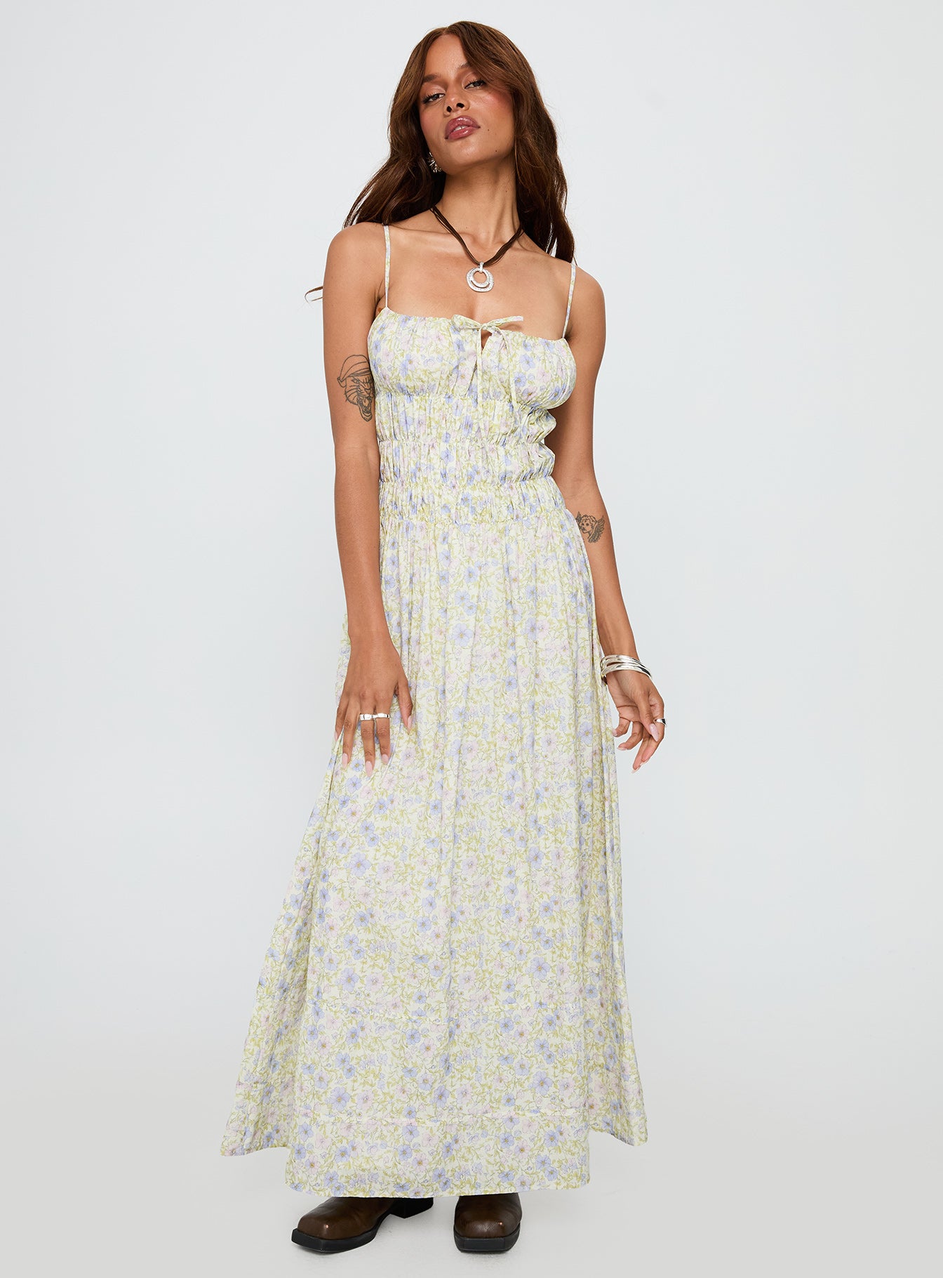 front view of model wearing Princess Polly Loralei Shirred Maxi Dress Floral Square Neck 