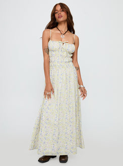 front view of model wearing Princess Polly Loralei Shirred Maxi Dress Floral Square Neck 